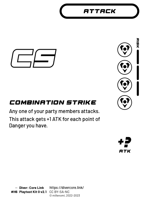 Combination Strike; Light Attack — HHHH + 3 Risk;  Any one of your party members attacks.;  This attack gets +1 ATK for each point of Danger you have.; +? ATK; #H6