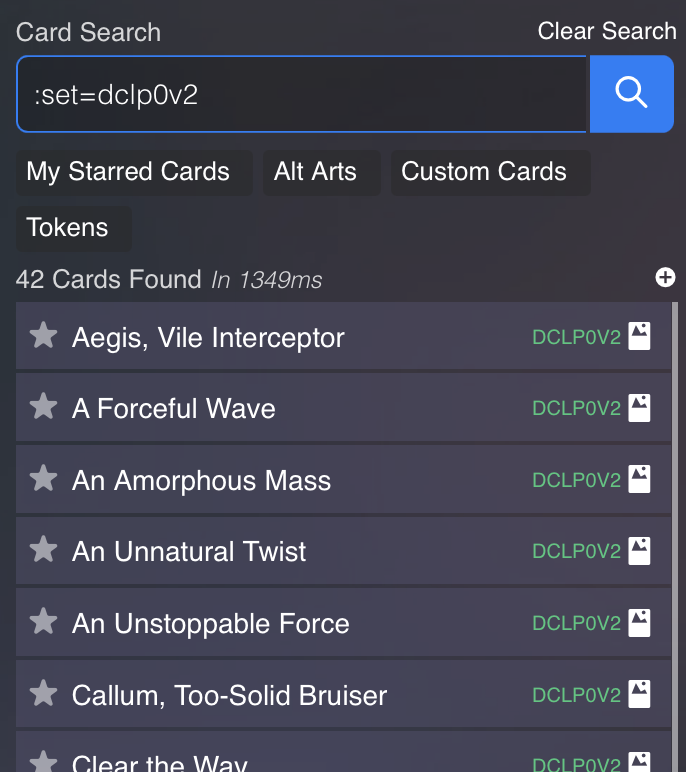 A screenshot of the Untap.in card search field in the deck editor, with the filter :set=dclp0v2 typed in it, showing Diver: Core Link card results.